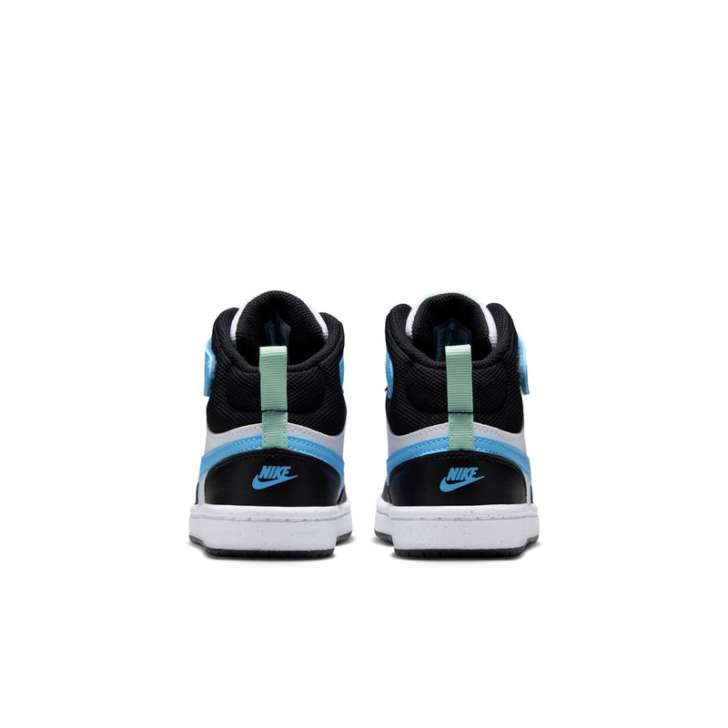 Kids mid-top sneakers back view with black heel, light blue accents, Nike branding