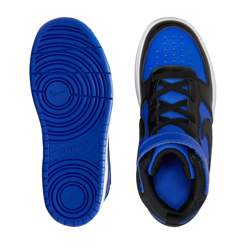 Kids sneaker outsole and opening, blue tread with black-and-blue upper