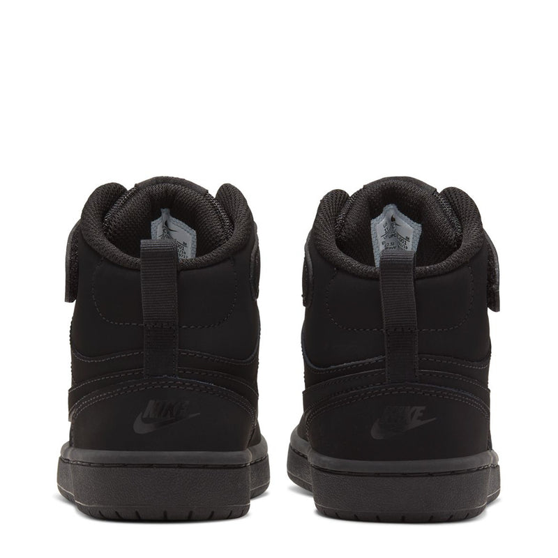 Kids black mid-top sneakers rear view, padded collar, loop tab, Nike heel mark