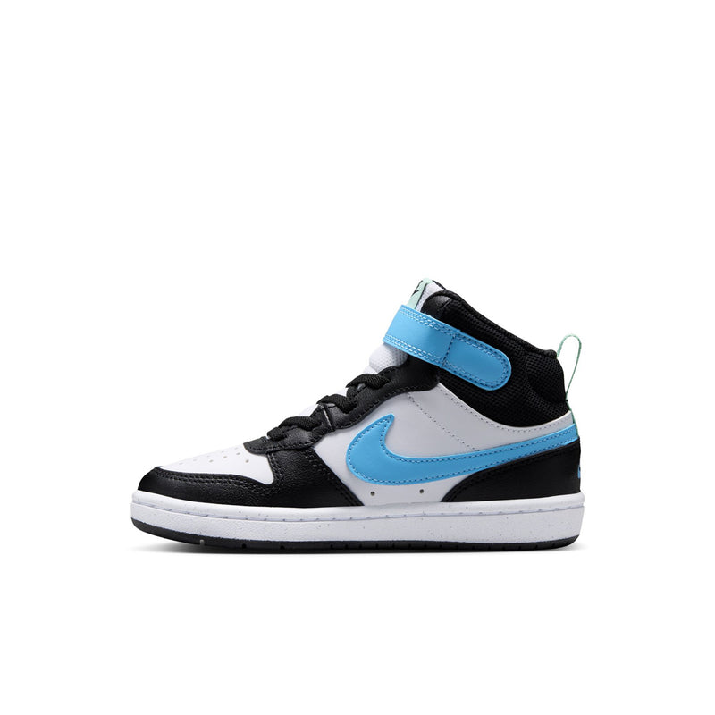 Kids mid-top sneakers side view with light blue swoosh and black-and-white paneling