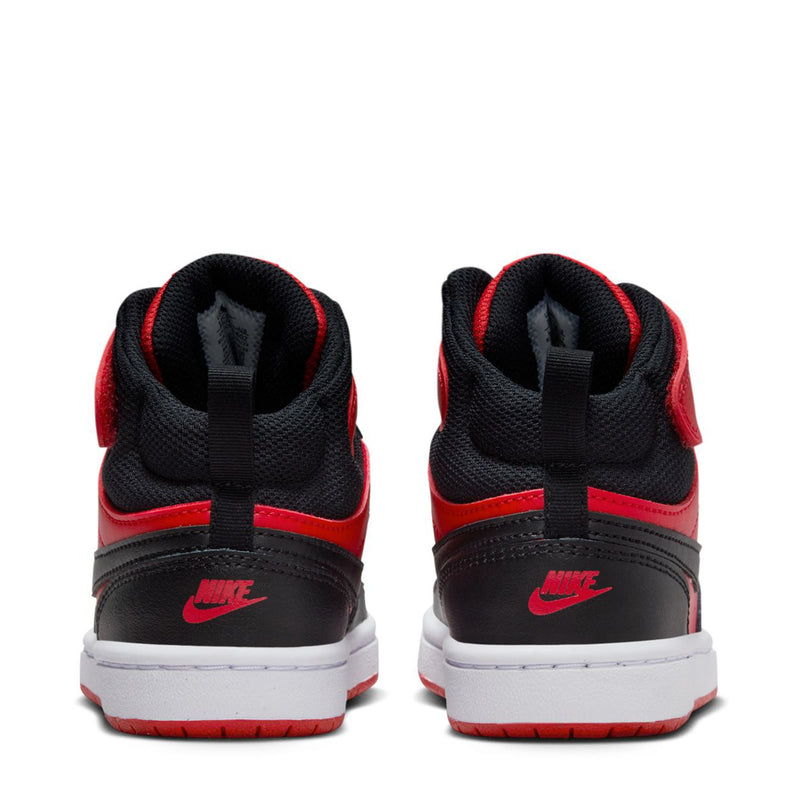 Kids sneakers heel view, black uppers with red accents and Nike heel logo