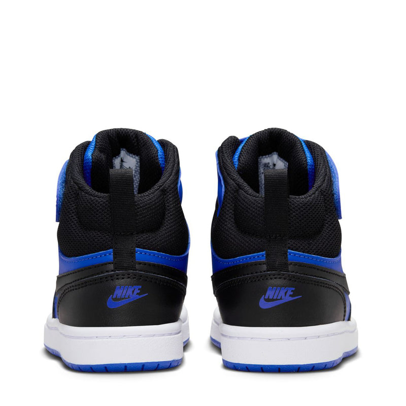 Kids mid-top sneakers heel view, black back with blue collar and Nike logo