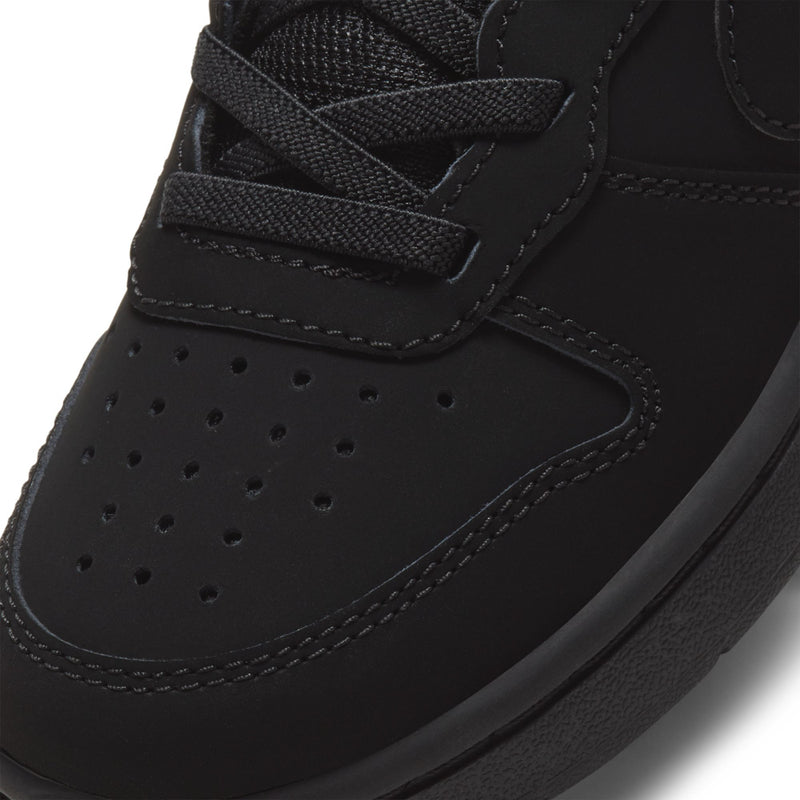 Kids black sneaker upper with perforation panel and strap detail, visible stitching