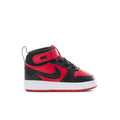 Toddler mid-top sneakers in red, black, and white with hook-and-loop strap