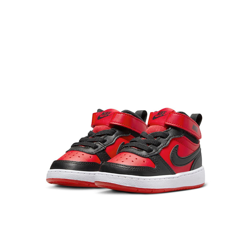 Toddler mid-top sneakers, front view, red and black with Nike swoosh and strap