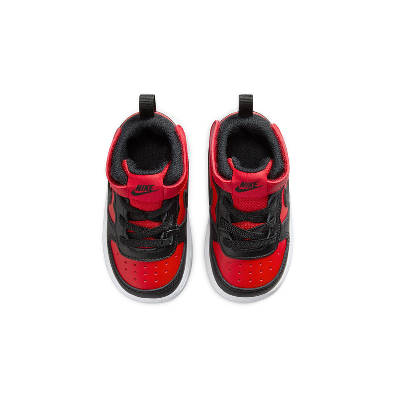 Toddler mid-top sneakers, pair from above with red laces eyelets and black heel