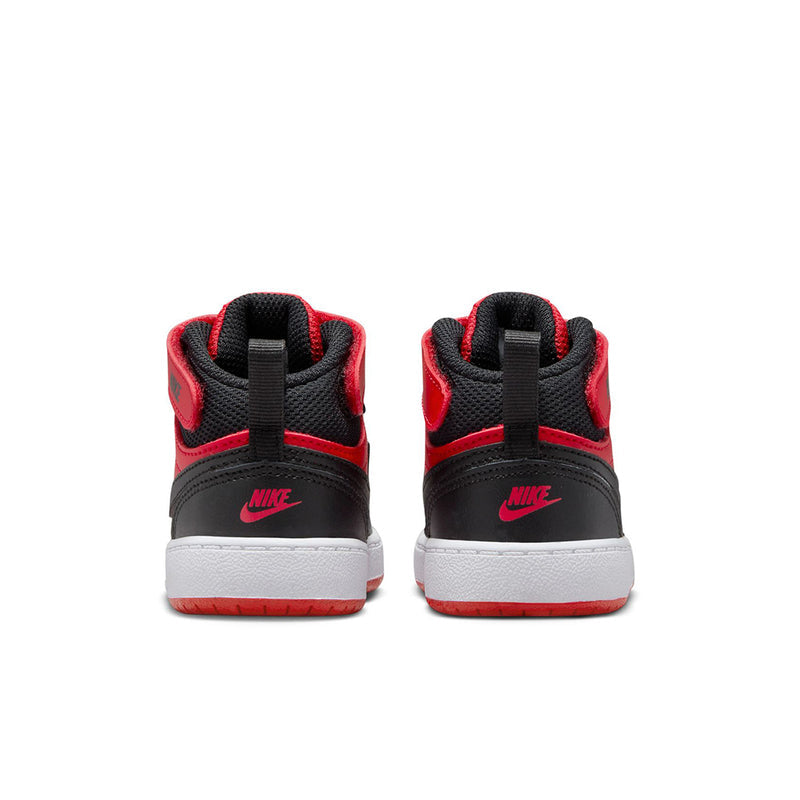 Toddler mid-top sneakers, back view with black collar, red accents, and white sole