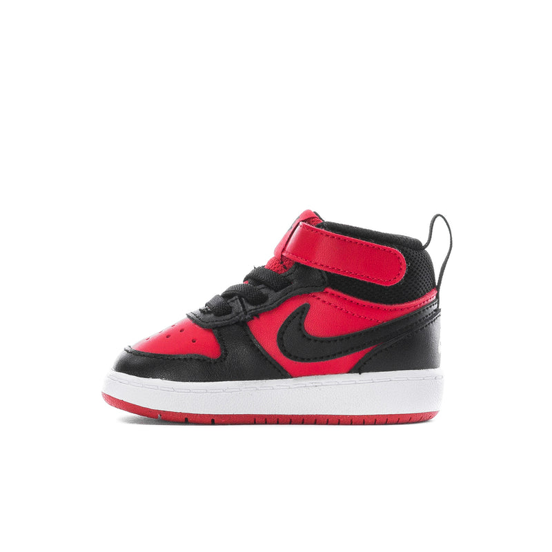 Toddler mid-top sneakers in black with red panels and single hook-and-loop strap