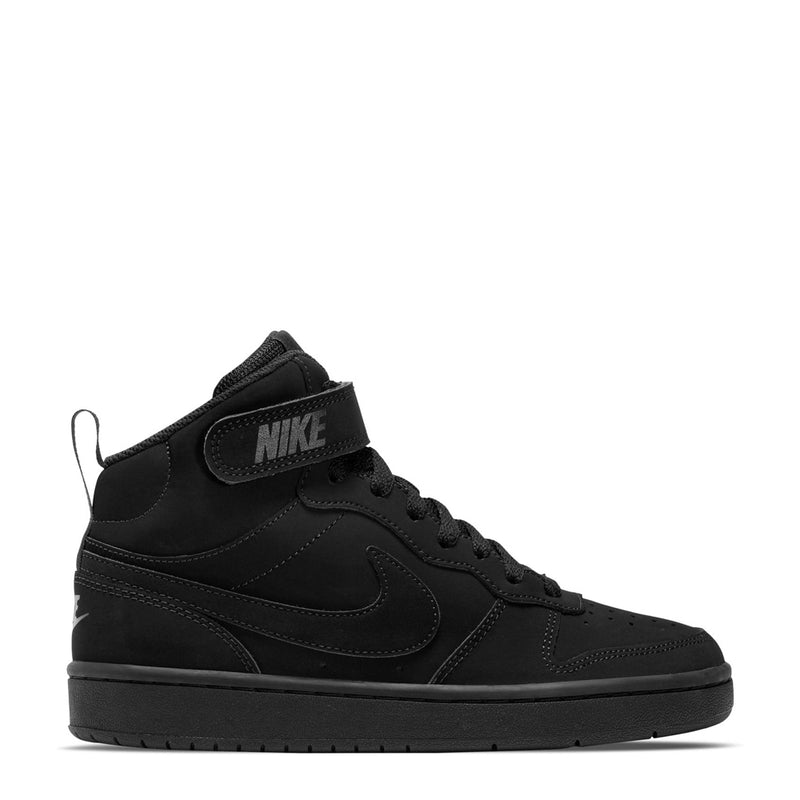 Black youth mid-top sneakers, lace-up with Velcro strap, Nike Swoosh, rubber sole