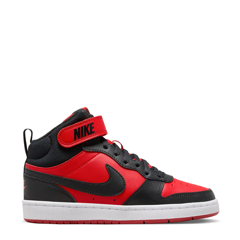 Youth mid-top sneakers by Nike, red with black panels, Swoosh, lace-up
