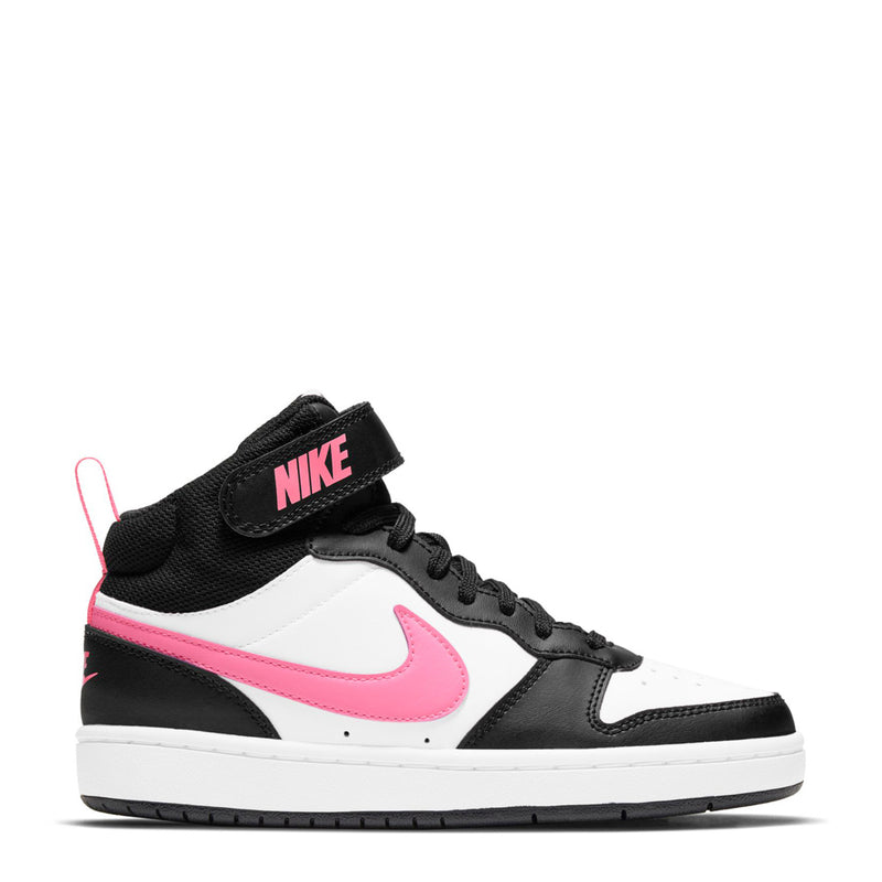 Youth mid-top sneakers in black, white, and pink with Nike logo and pink swoosh