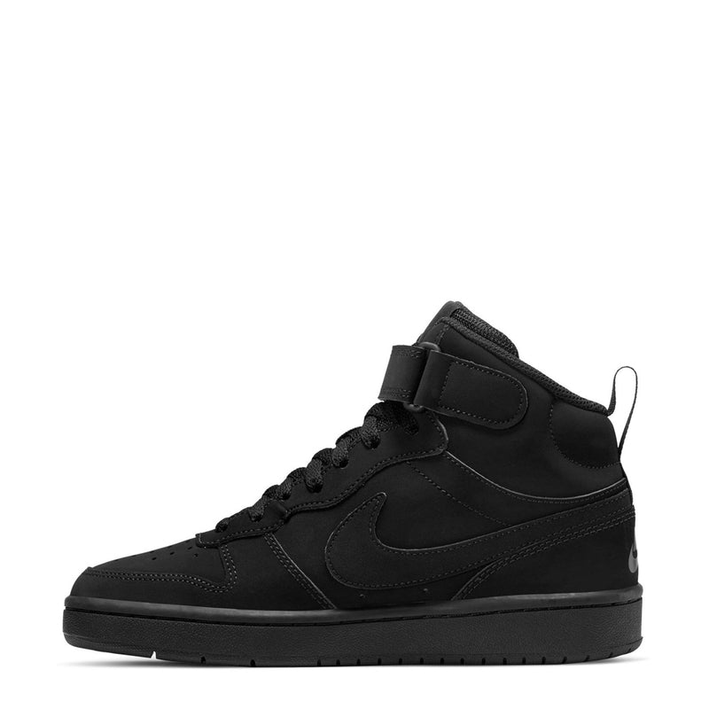 Black youth mid-top sneakers with padded collar, lace-up front, Nike Swoosh on side
