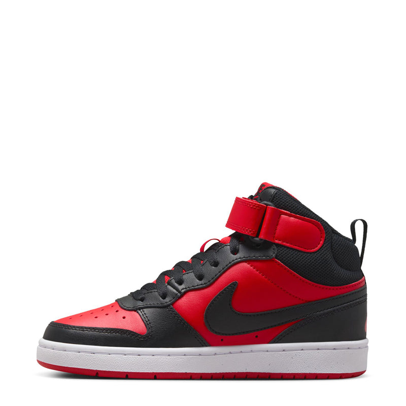 Youth Nike mid-top sneaker, red and black with white sole, lace-up