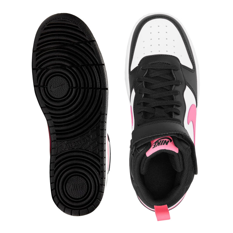 Youth sneaker outsoles with black tread and pink accents; laces and toe visible