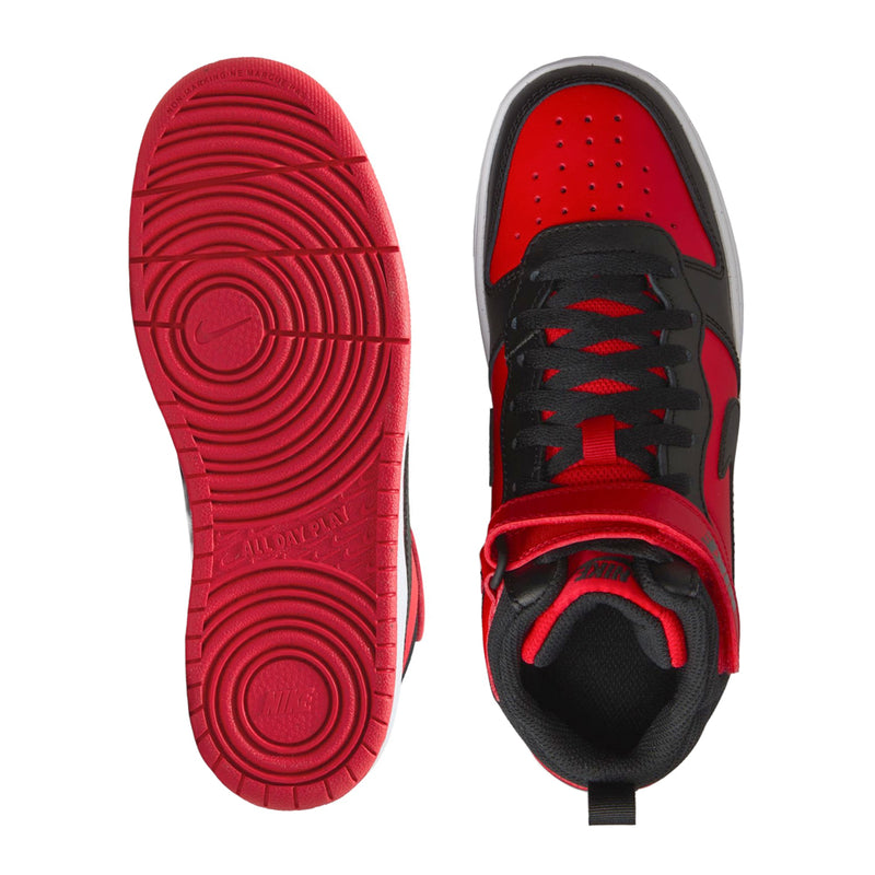 Youth Nike sneaker soles, red outsole and black tread, front and outsole view
