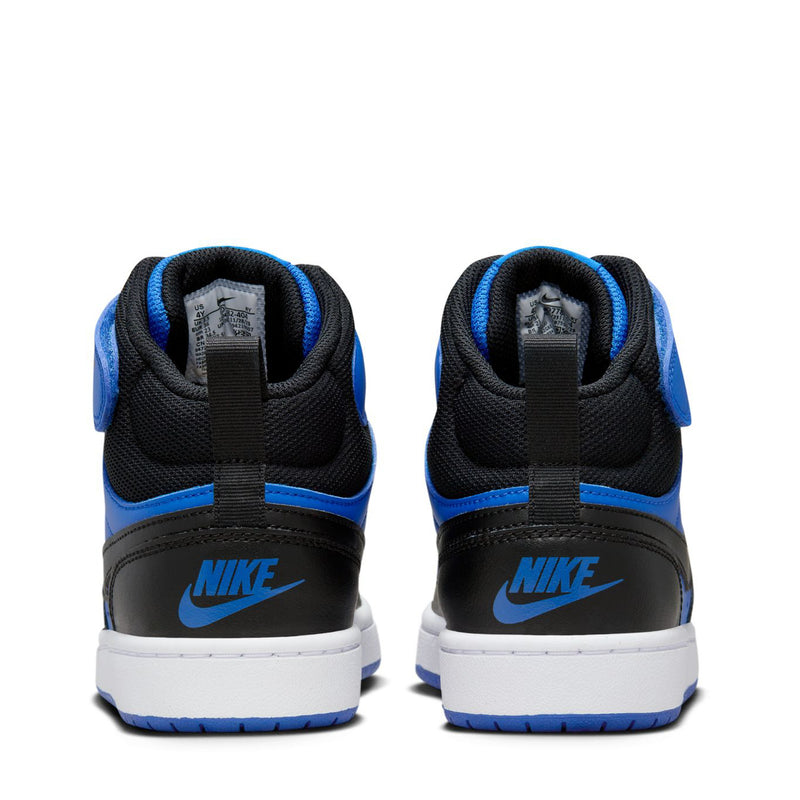Mid-top youth sneakers heel view, black and royal blue with NIKE branding