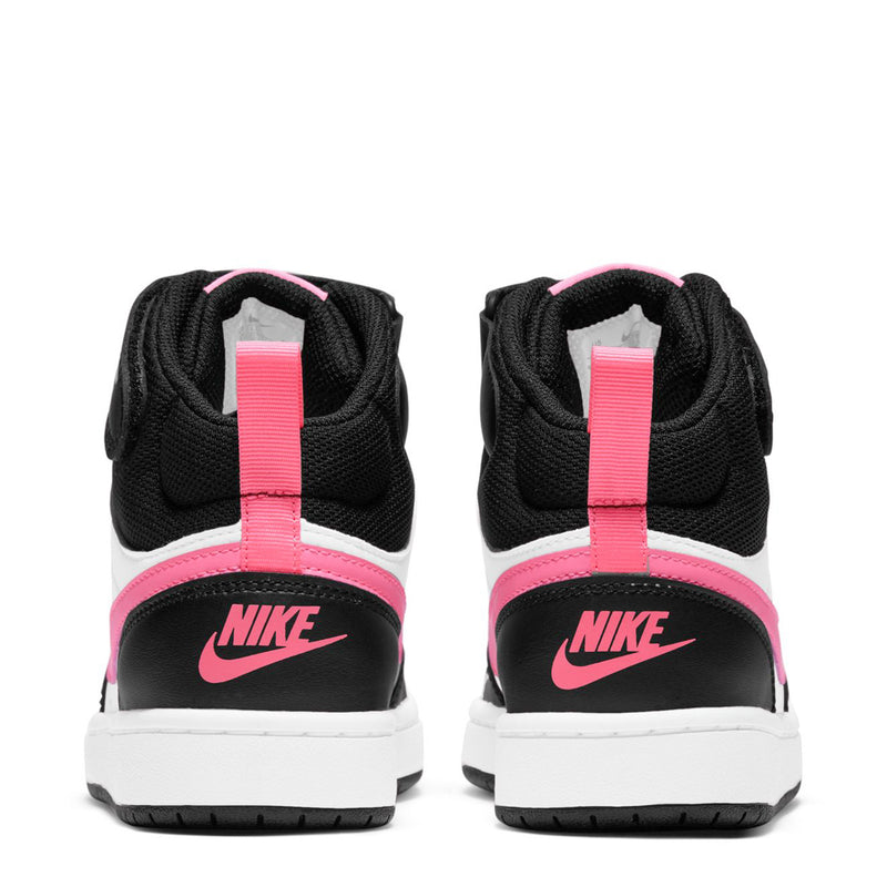 Youth sneakers rear view in black, white, and pink with Nike heel logo and strap