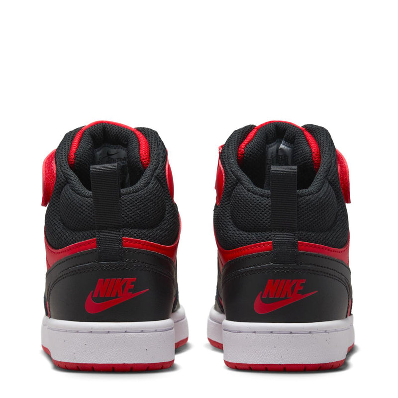 Youth Nike mid-top sneakers, black heel with red accents and lace-up collar