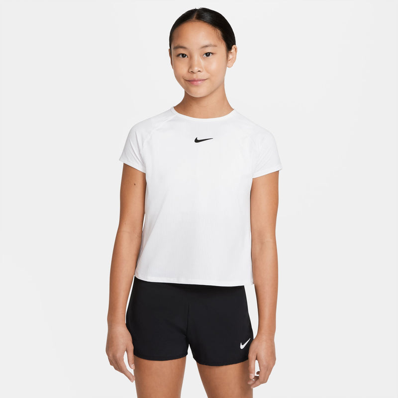 Court Dri-FIT Victory Older Kids' (Girls') Short-Sleeve Tennis Top in White/White/Black