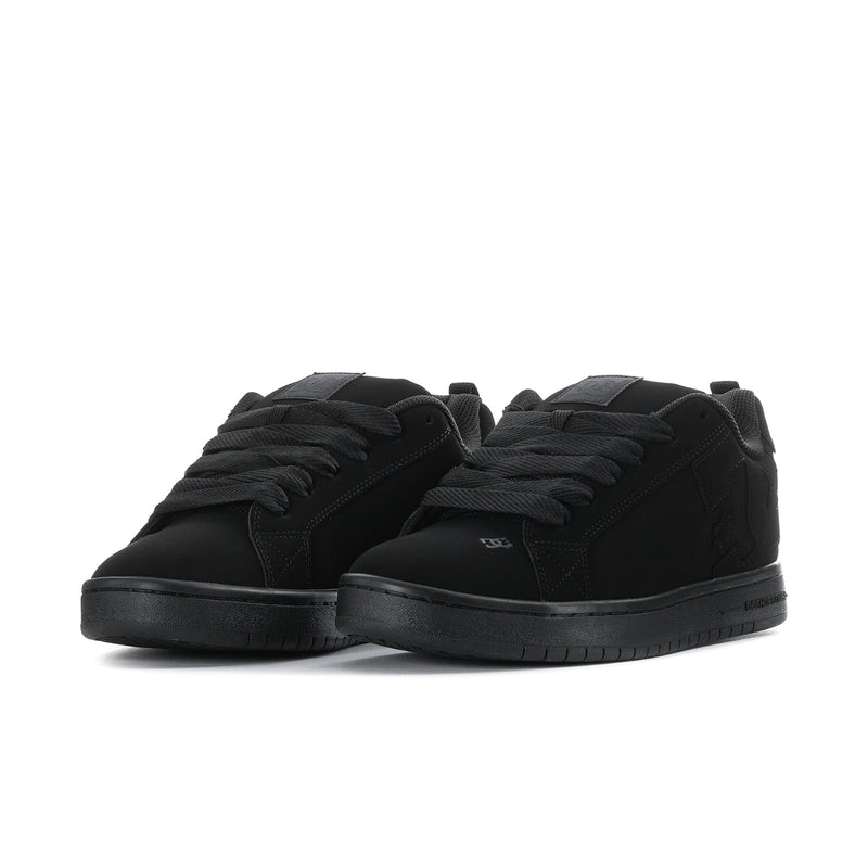 Men's black lace-up court sneaker, dual strap detail on tongue, rubber cupsole