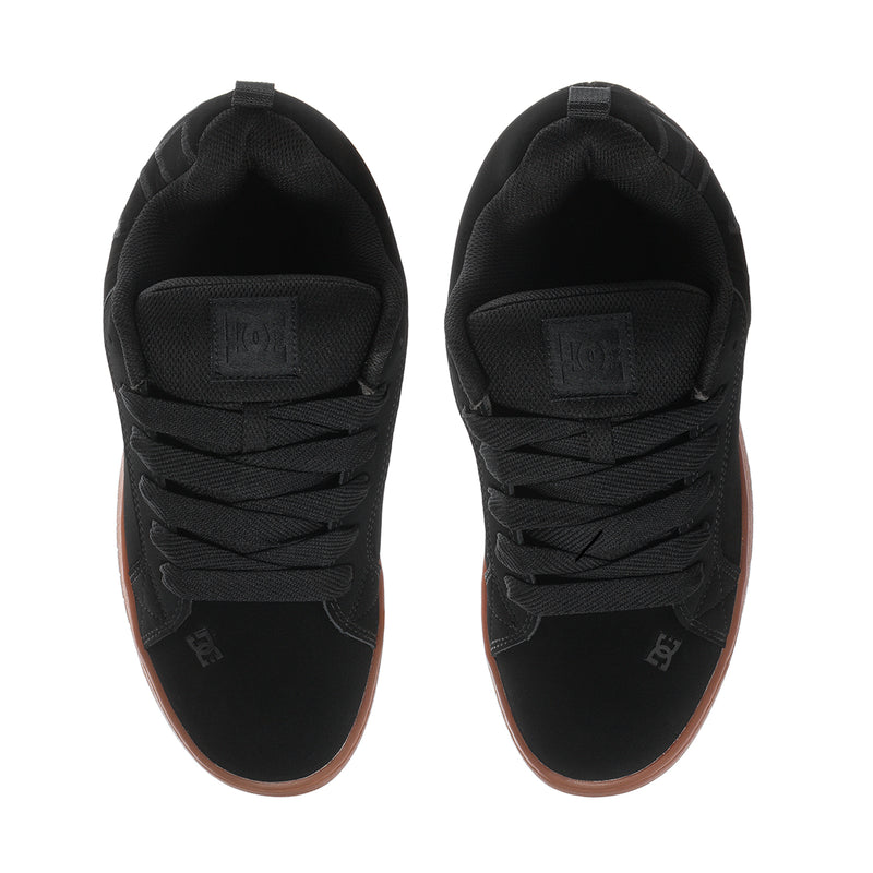 Black skate shoes, padded collar and lace-up design with gum trim
