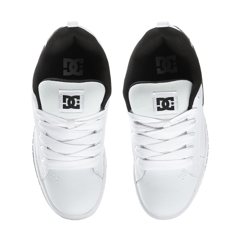 Men's white sneakers with black heel lining and DC logo back tabs, lace-up