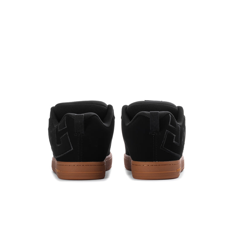 Black skate shoes with rear heel tab and gum outsole