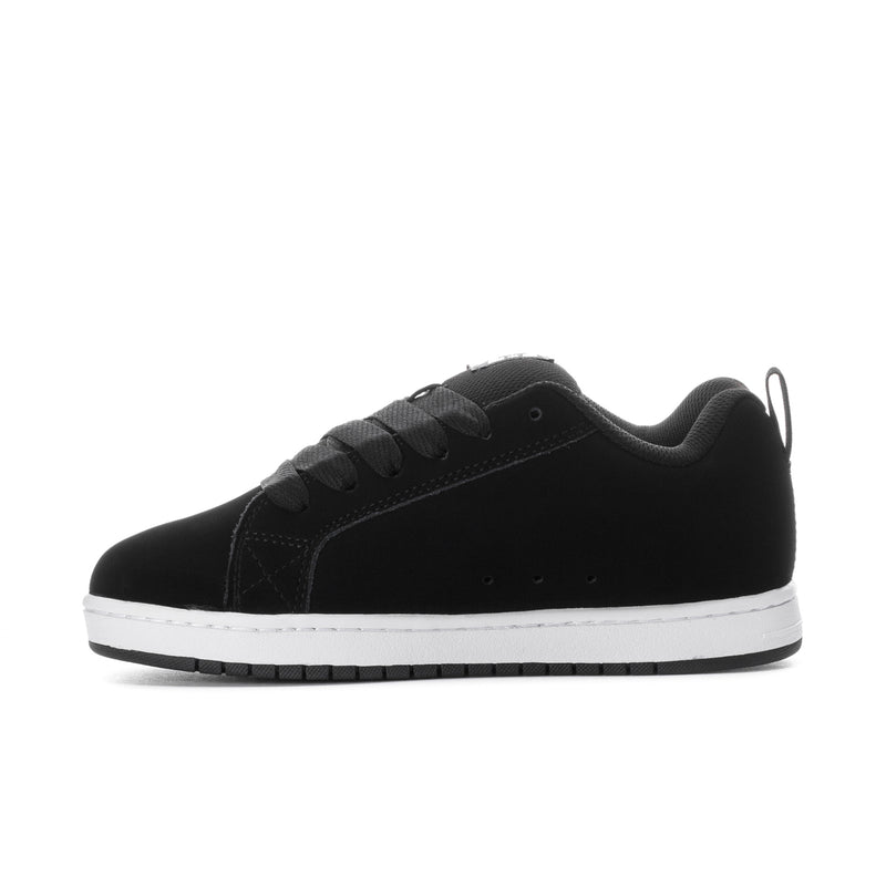 Black low-top sneakers with lace-up front and white midsole trim.