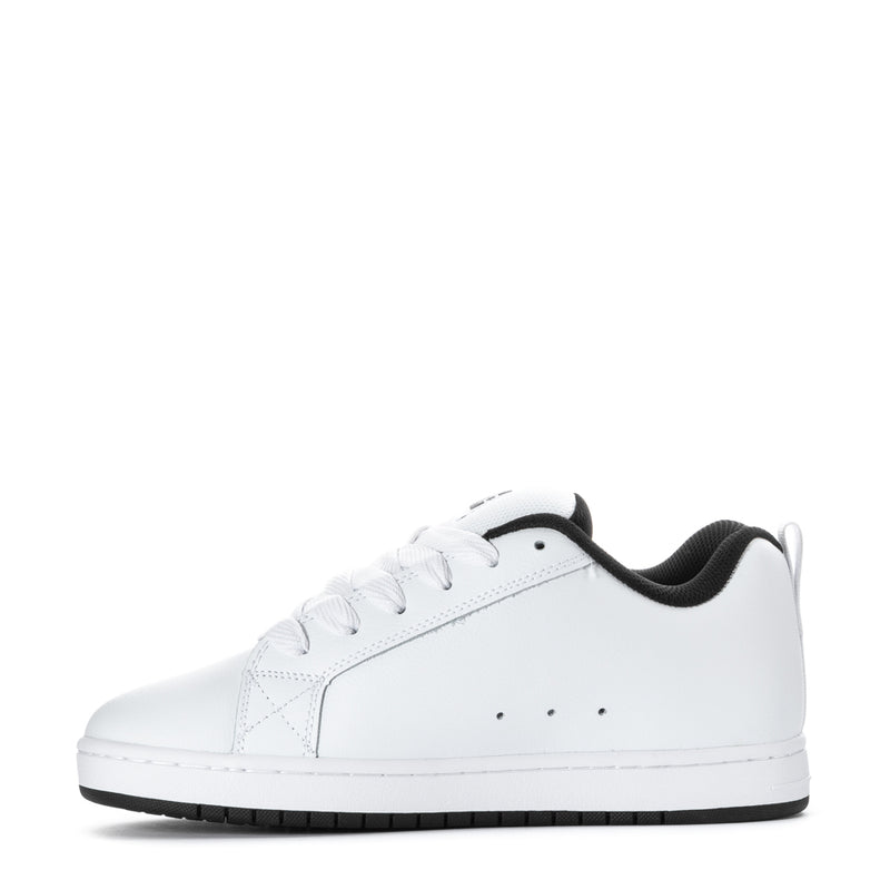 Men's white low-top sneakers with black collar lining and black sole trim, lace-up