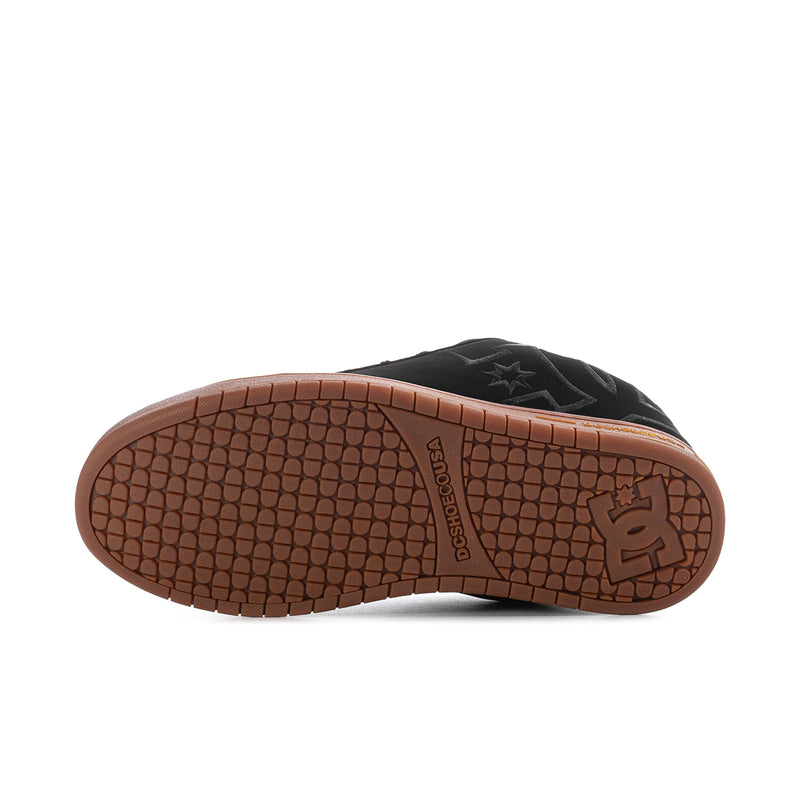 Black skate shoe outsole with patterned tread and DC logo