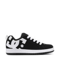Youth black low-top sneakers with white laces, star patch, and DC side logo