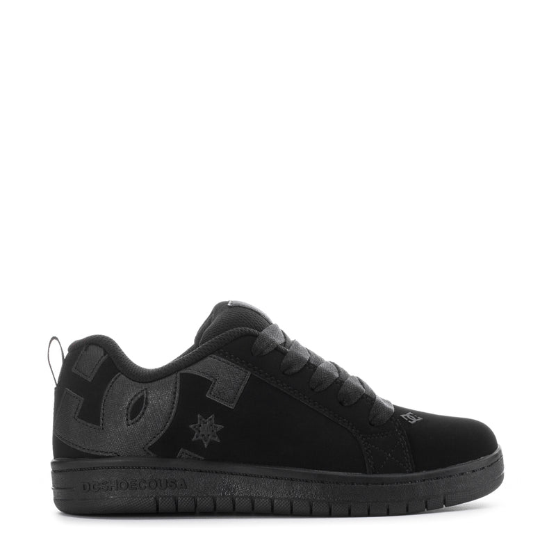 Youth low-top black court sneakers with star and panel logos, lace-up design