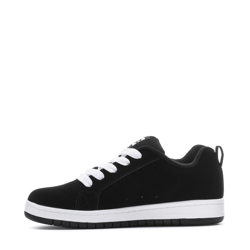 Youth black low-top sneakers with white laces and white cupsole trim