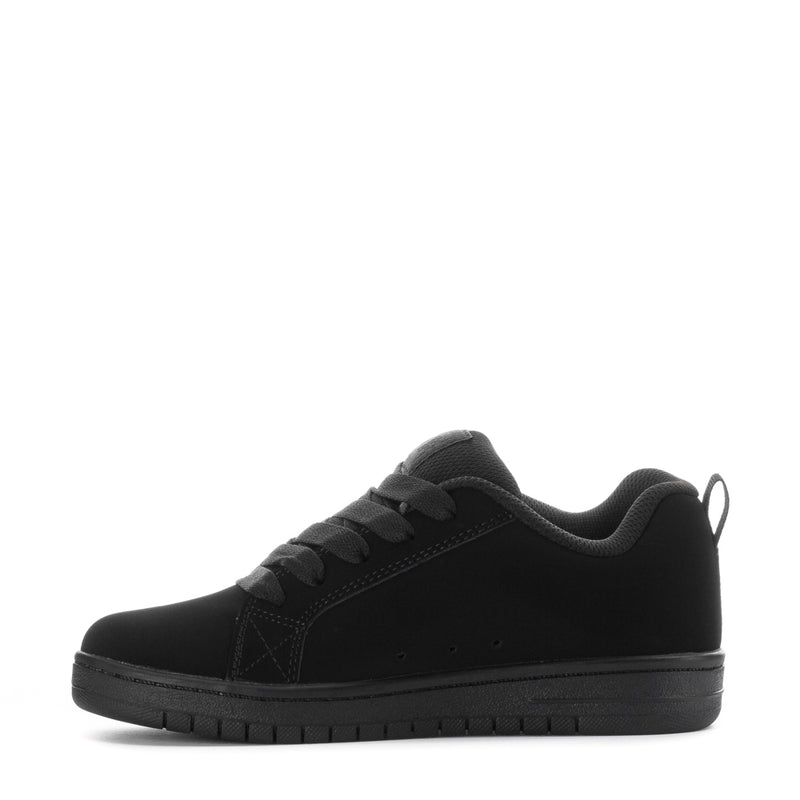Youth black low-top court sneakers, lace-up front with textured sole detail