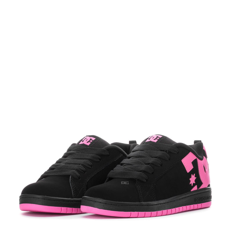 Youth black court sneakers with pink accents and star logos, pair front view