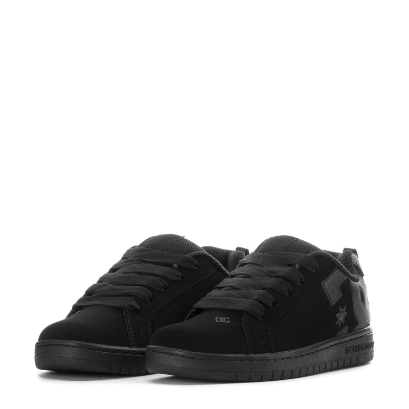 Youth black court sneakers pair, lace-up uppers with star and side graphics