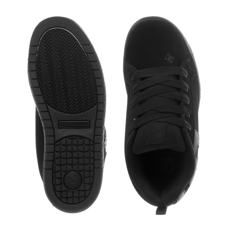 Youth black sneaker bottoms and side view, grippy outsole with tread pattern