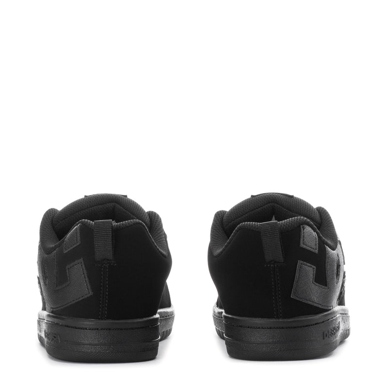 Youth black low-top court sneakers heel back view with contrasting heel panel