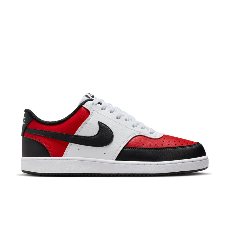 Low-top sneakers in white, red, and black with black swoosh and lace-up front.