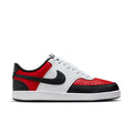 Low-top sneakers in white, red, and black with black swoosh and lace-up front.
