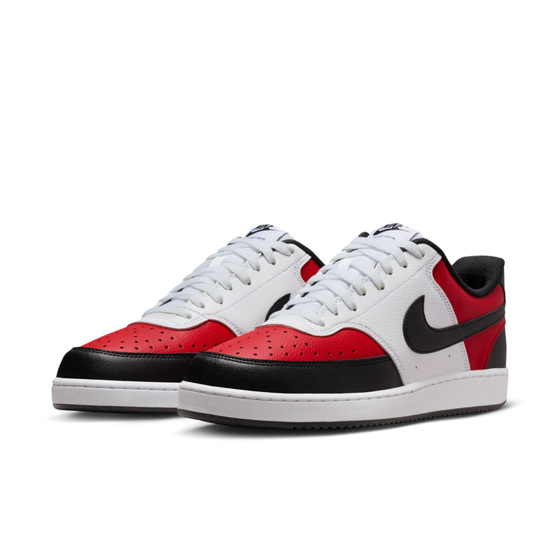 Pair of low-top lace-up sneakers in white, red, and black with black swoosh.