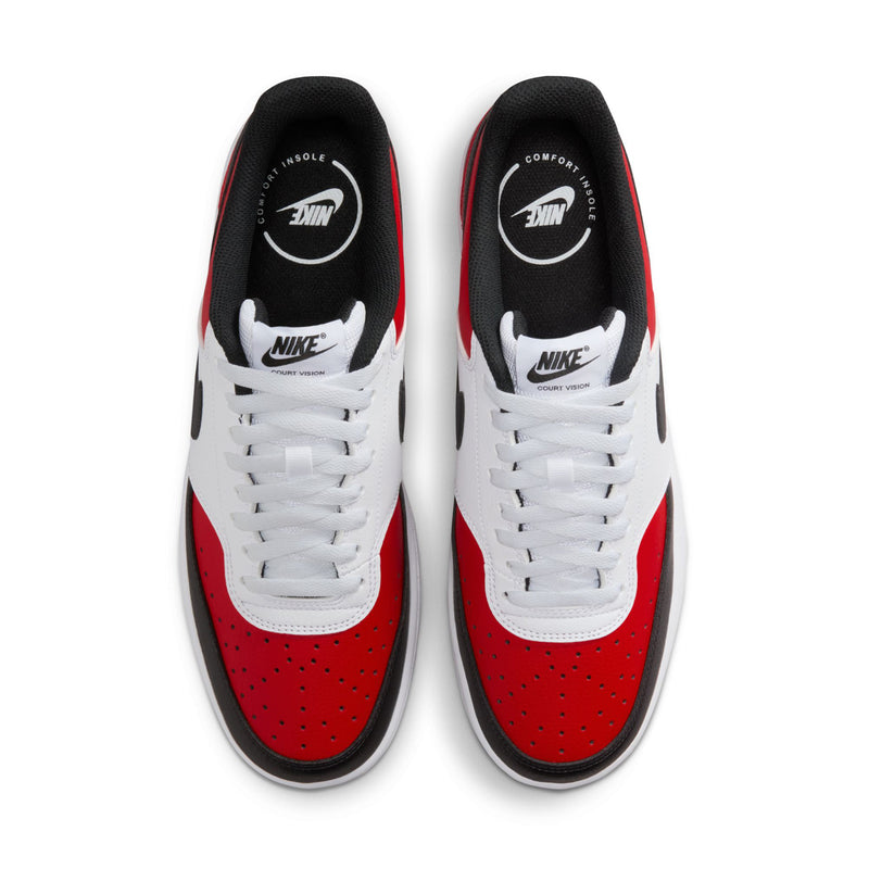 White and red low-top sneakers with black interior lining and Nike branding on tongue.