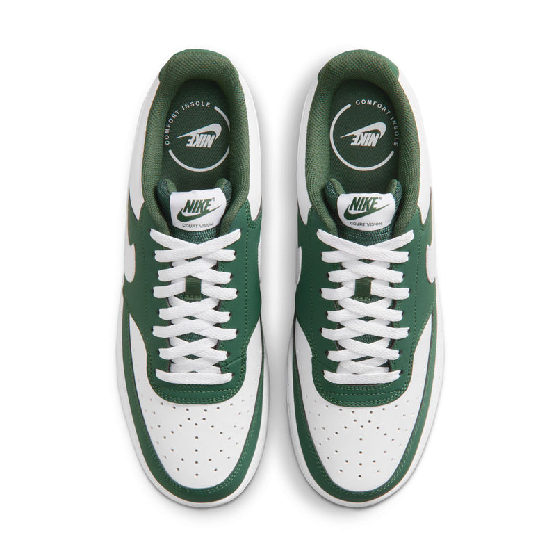 Green and white low-top sneakers with white laces and perforated toe box