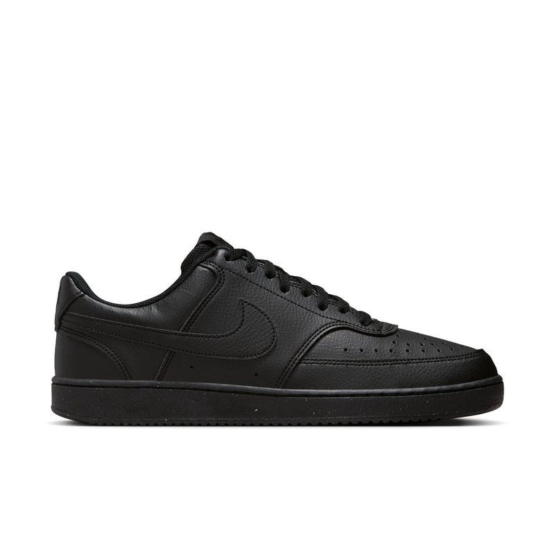 Men's black low-top sneakers with lace-up closure and textured leather-look upper