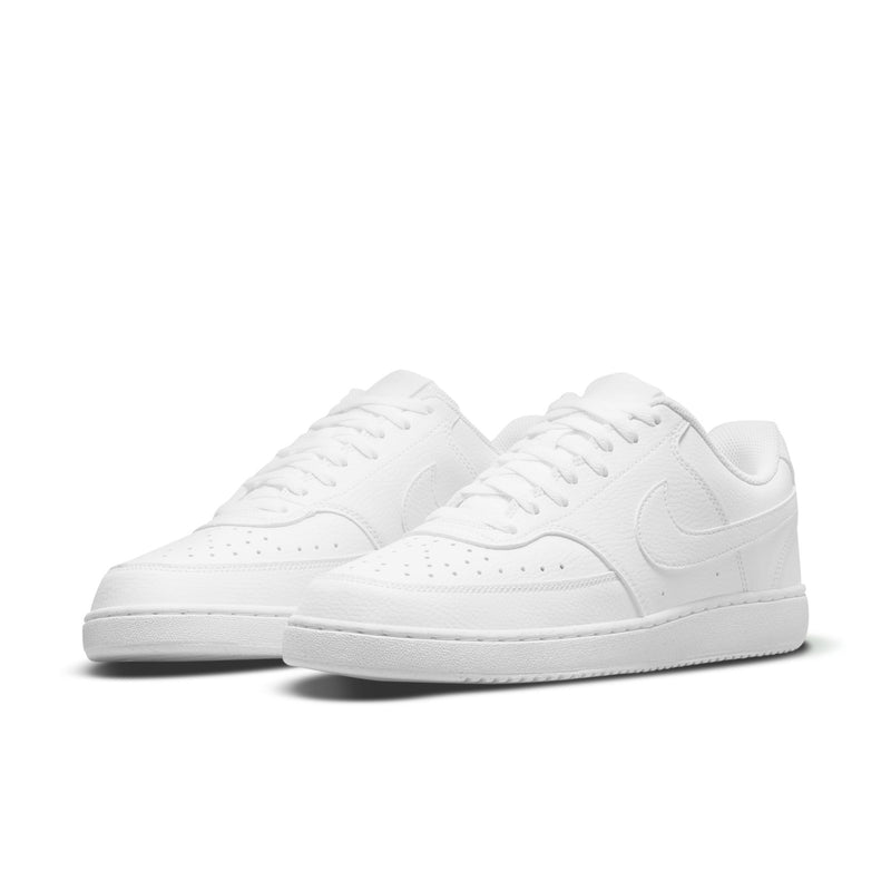 Men's white low-top sneakers, side view with Nike swoosh and lace-up