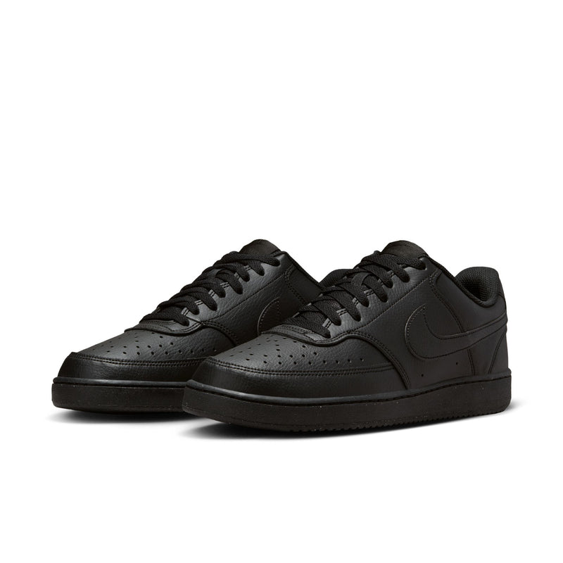 Pair of men's black low-top sneakers, side profile with lace-up and swoosh