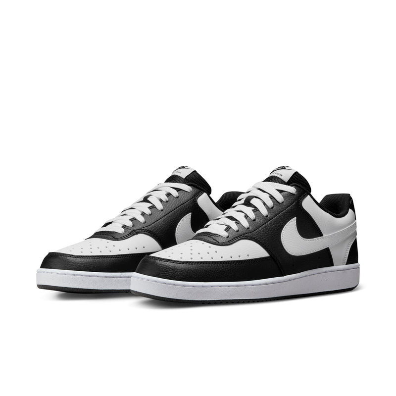Men's low-top sneakers, black and white, double swoosh and lace details.