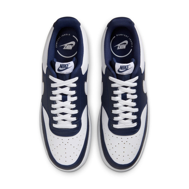 Men's sneakers top view in navy and white with perforated toe and lace-up.