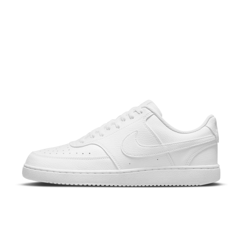 Men's white low-top sneakers, angled side view with Nike swoosh and laces