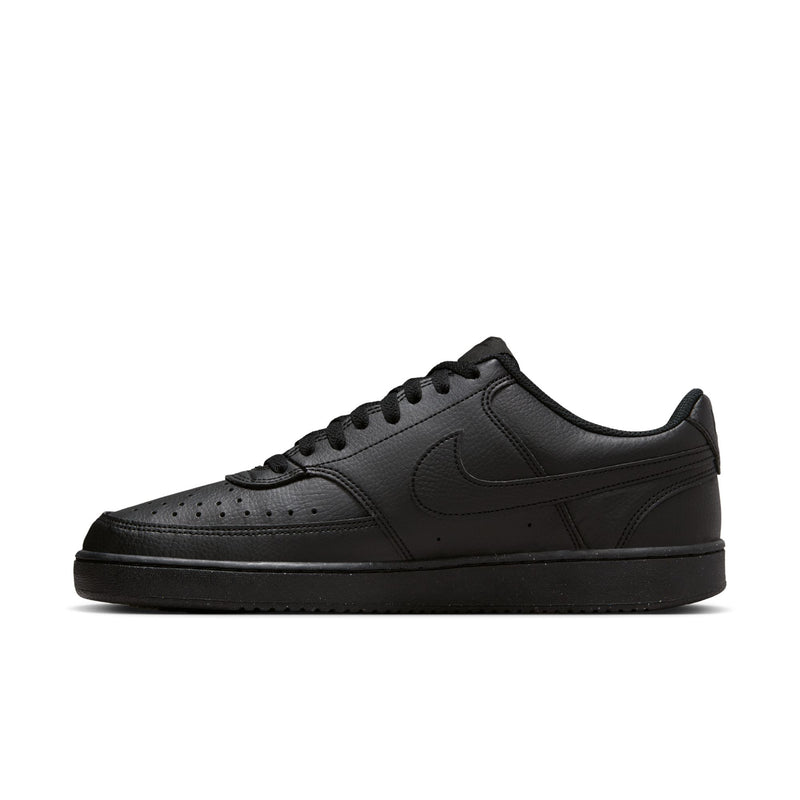 Men's black low-top sneakers, side view with lace-up and perforated toe panel